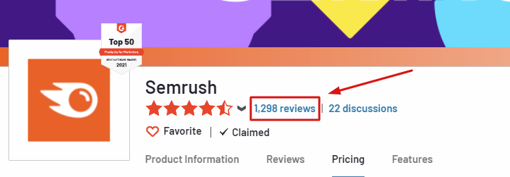 Screenshot of Semrush reviews on G2
