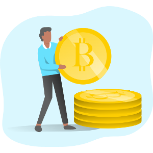 illustration of a man holding a physical bitcoin