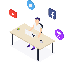 isometric illustration of a man sitting behind an office with variou social media icons floating around his head