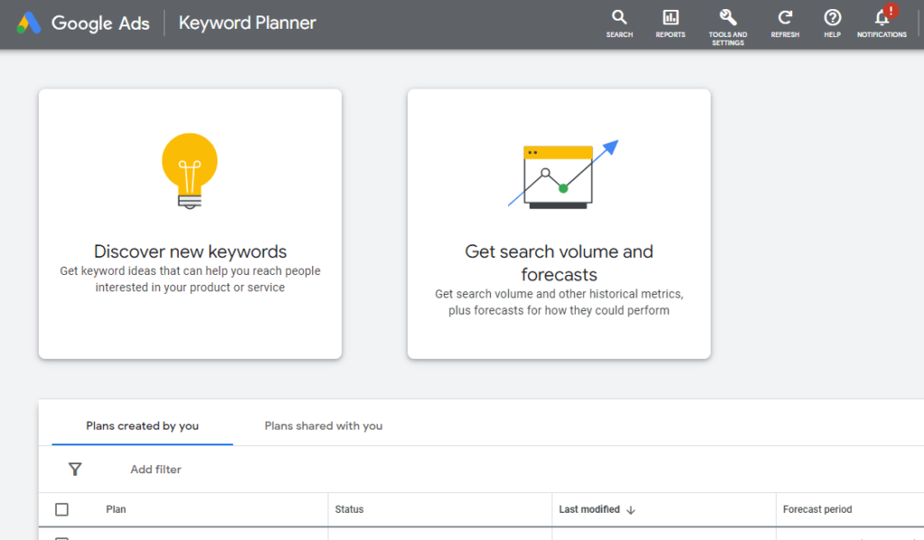 Screenshot from Google Keyword Planner website