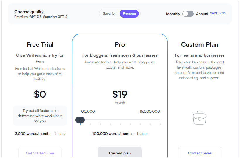 Screenshot of Writesonic's Pricing plans