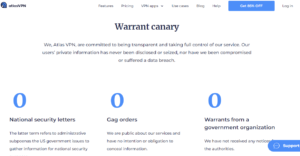 Atlas VPN Warranty Canary screenshot