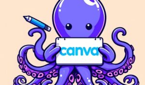 A Purple Octopus holding a sign that write Canva, for the featured image needs of the article Pictory Vs Canva.