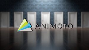 Animoto's Logo in front of a room with many doors depicting the alternative options someone has over Animoto.