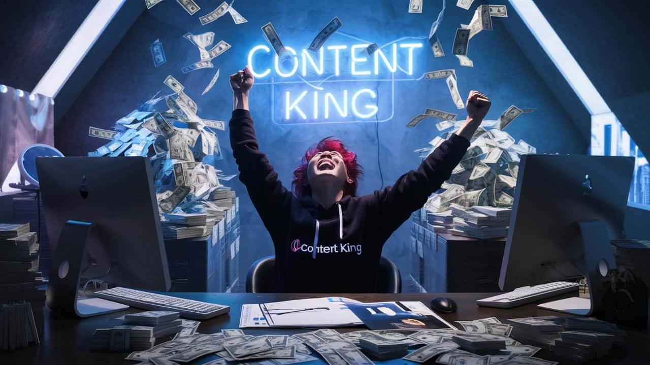 A Successful SEO Content Writer around piles of cash