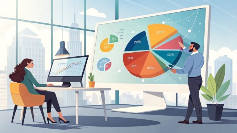 A modern office scene shows a marketer analyzing data on a large screen, discussing audience segmentation strategies with a colleague, highlighting the combination of technology and human expertise in effective marketing.