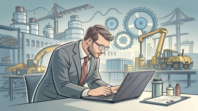 Business man working on a laptop. On the background there are various types of machinery.