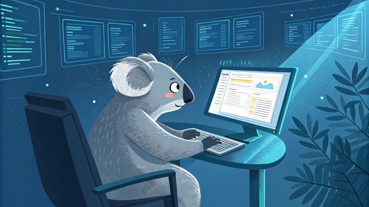 A Futuristic koala writing articles on a computer