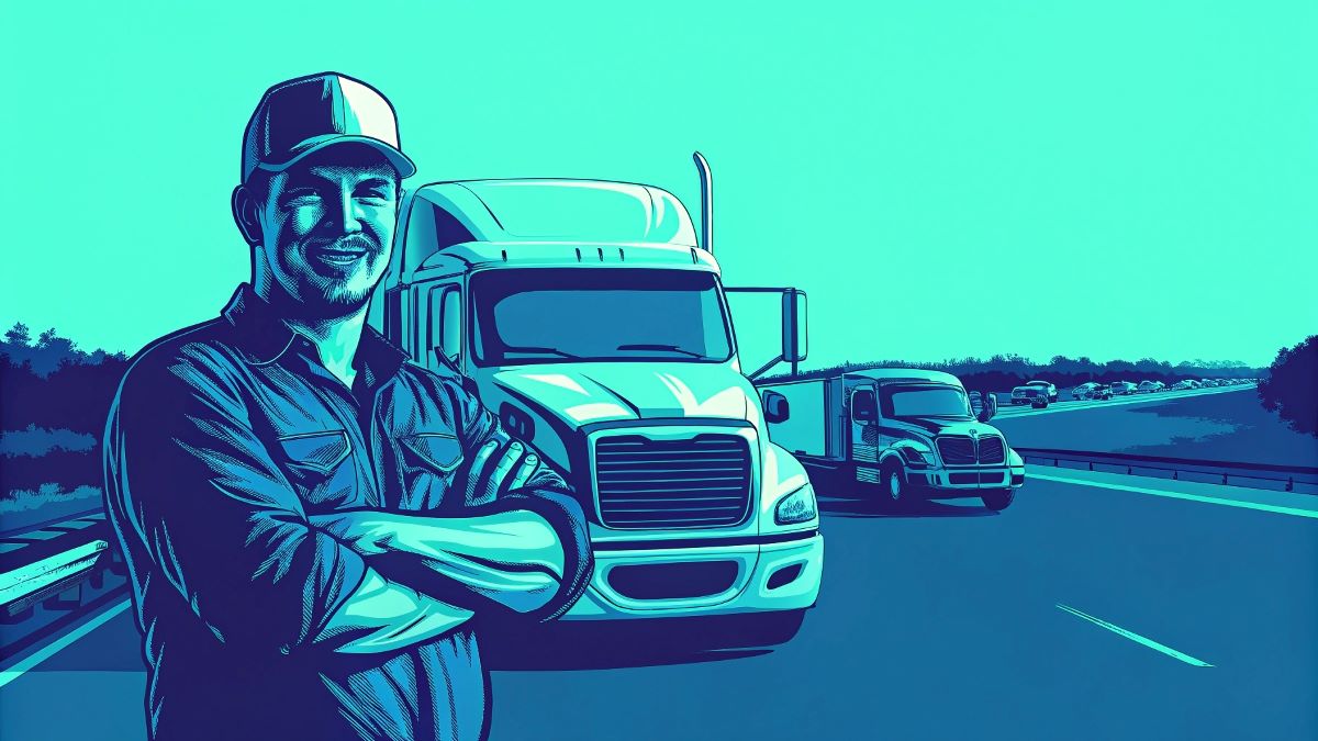 Illustration of a proud trucker standing in front of his truck.