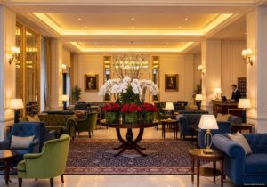 Luxurious hotel lobby with elegant seating, warm lighting, and floral display, inviting guests.