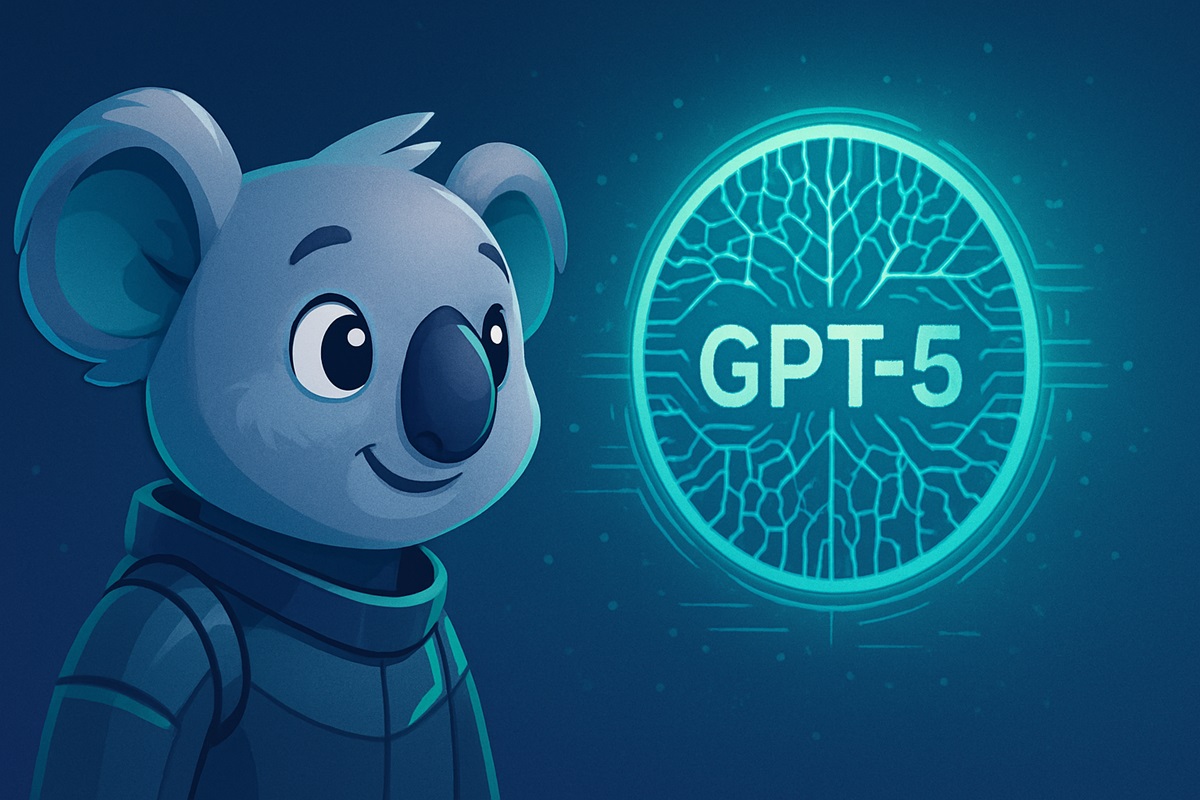 Friendly koala character looking at glowing GPT-5 neural network symbol in futuristic blue setting
