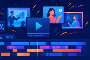 Dynamic video editing interface with timelines, diverse content, and creative sparks.