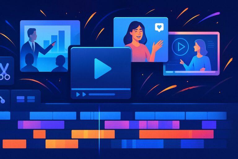 Dynamic video editing interface with timelines, diverse content, and creative sparks.