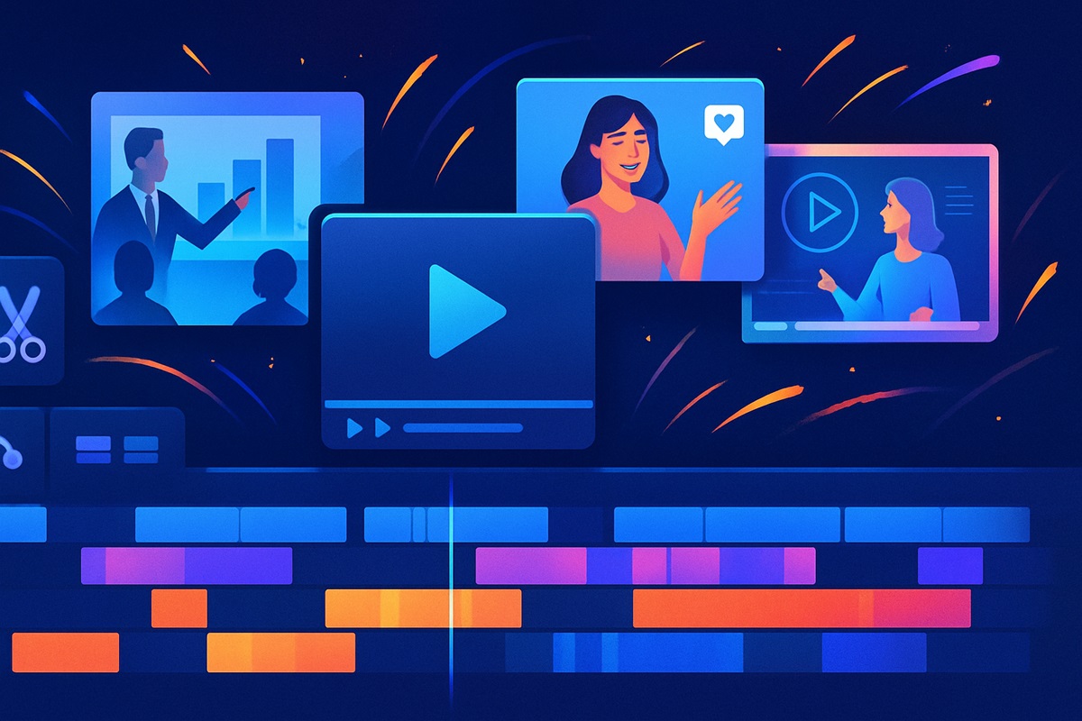 Dynamic video editing interface with timelines, diverse content, and creative sparks.