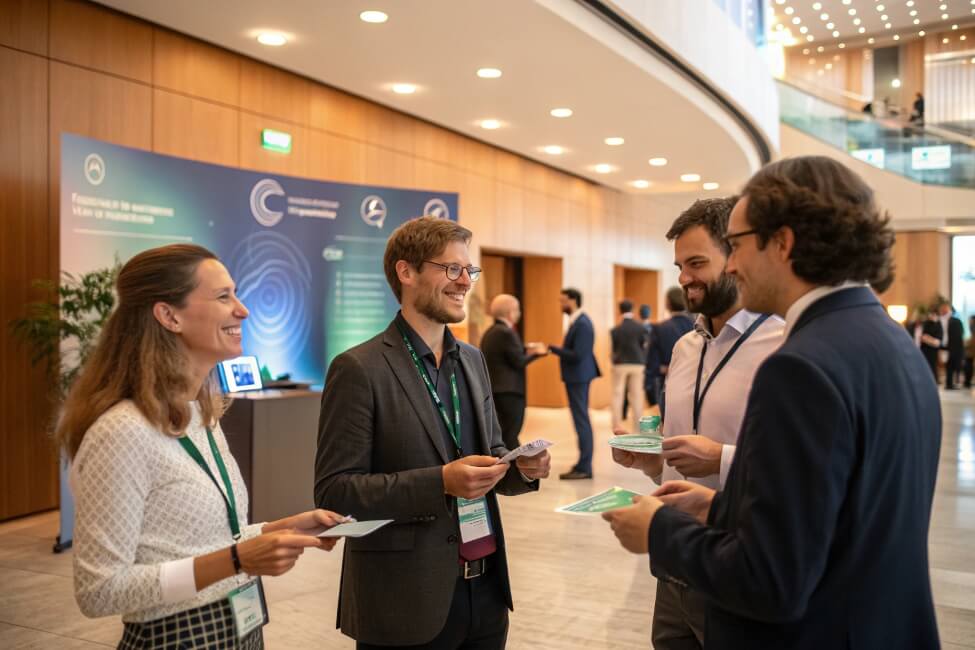 A group of people in business attire networking at a conference