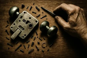 Dismantled door lock on wooden table, scattered parts, homeowner's hand with screwdriver.