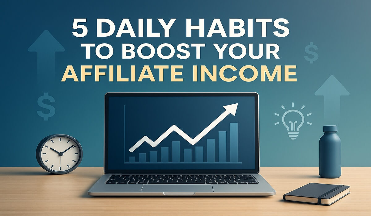 Professional workspace with laptop showing growth charts for affiliate marketing success habits"