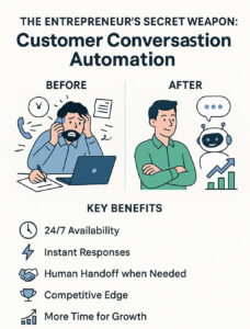 Infographic showing before/after automation benefits for entrepreneurs handling customer conversations