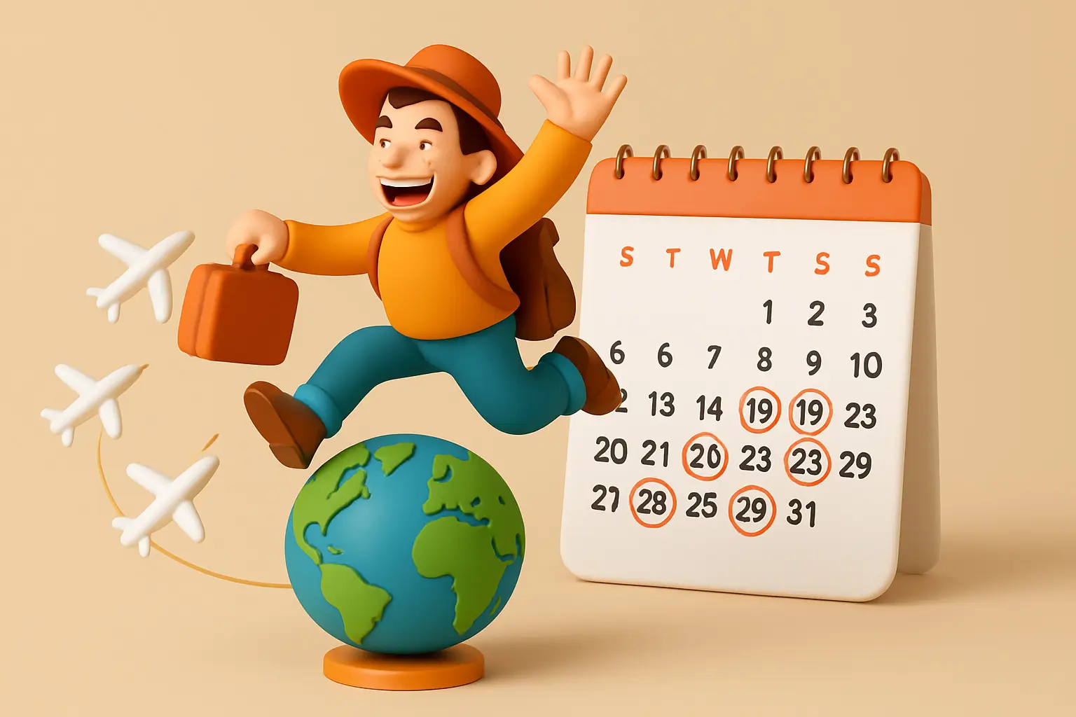 3D figurine of a joyful traveler leaping over a globe with airplanes and a calendar, symbolizing travel deals.