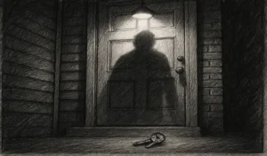 Shadow of homeowner cast on a locked door, keys on ground. Anxiety, frustration, vulnerability