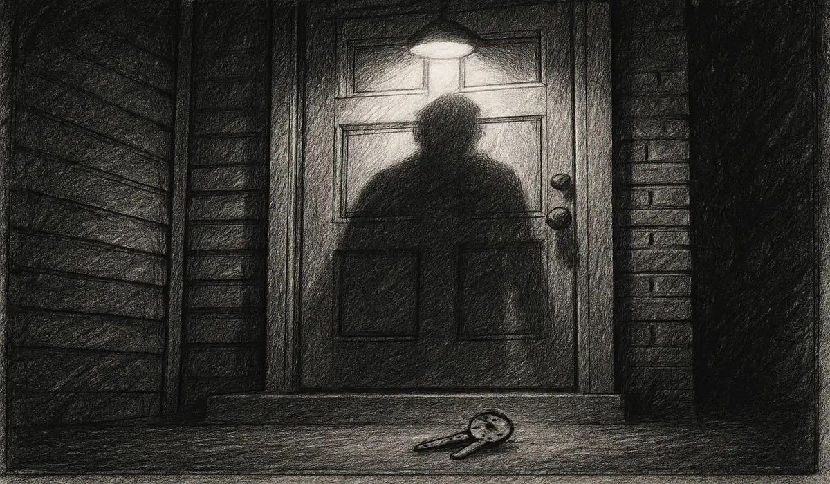 Shadow of homeowner cast on a locked door, keys on ground. Anxiety, frustration, vulnerability