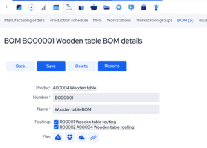 MRPEasy BOM software screenshot showing detailed component information, material specifications, routing operations, and production parameters.