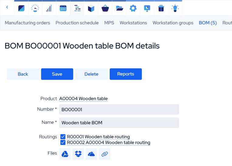 MRPEasy BOM software screenshot showing detailed component information, material specifications, routing operations, and production parameters.