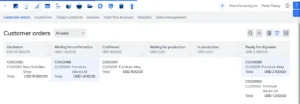 MRPEasy custom reporting screenshot showing order analysis, filterable data views, export capabilities, and detailed order tracking