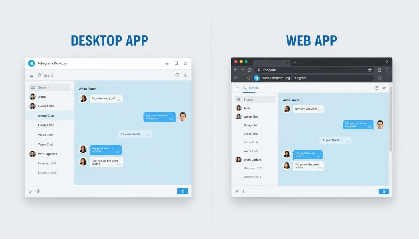 Telegram Desktop app vs Telegram Web app side-by-side comparison showing native application interface versus browser-based client