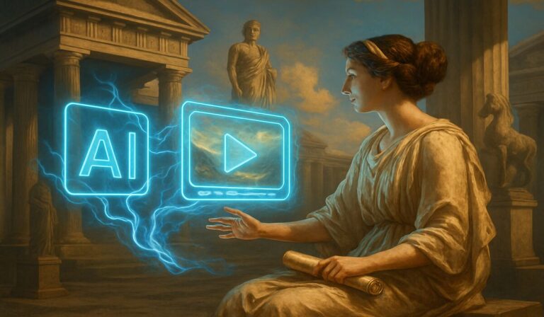 Ancient Greek muse interacting with glowing AI video generator icons, blending past and future