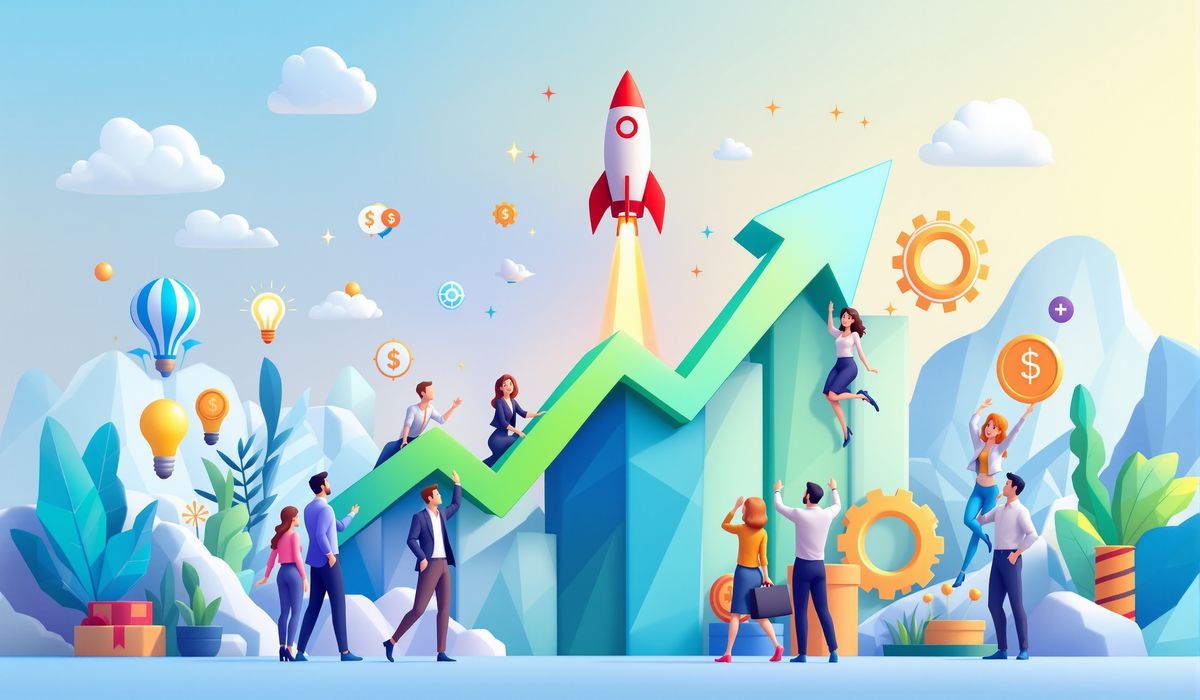 Business growth strategies illustration with upward chart, teamwork, and success symbols low-poly