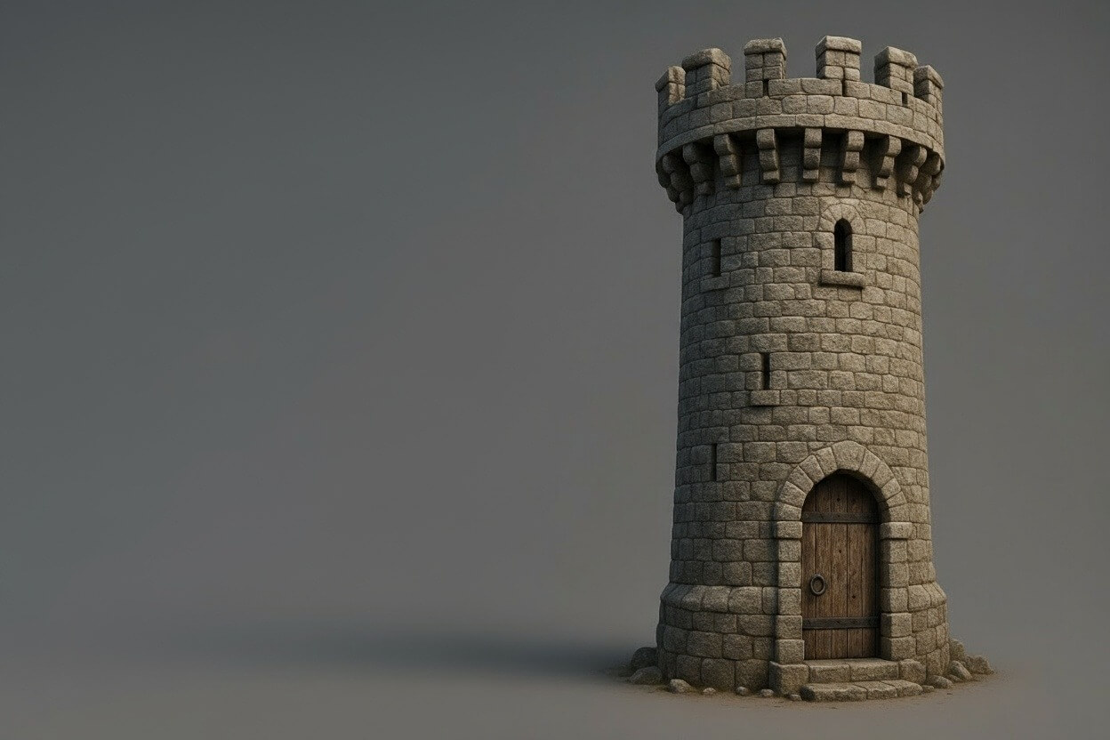 Medieval stone watchtower with wooden door and iron-bound details, weathered stone texture