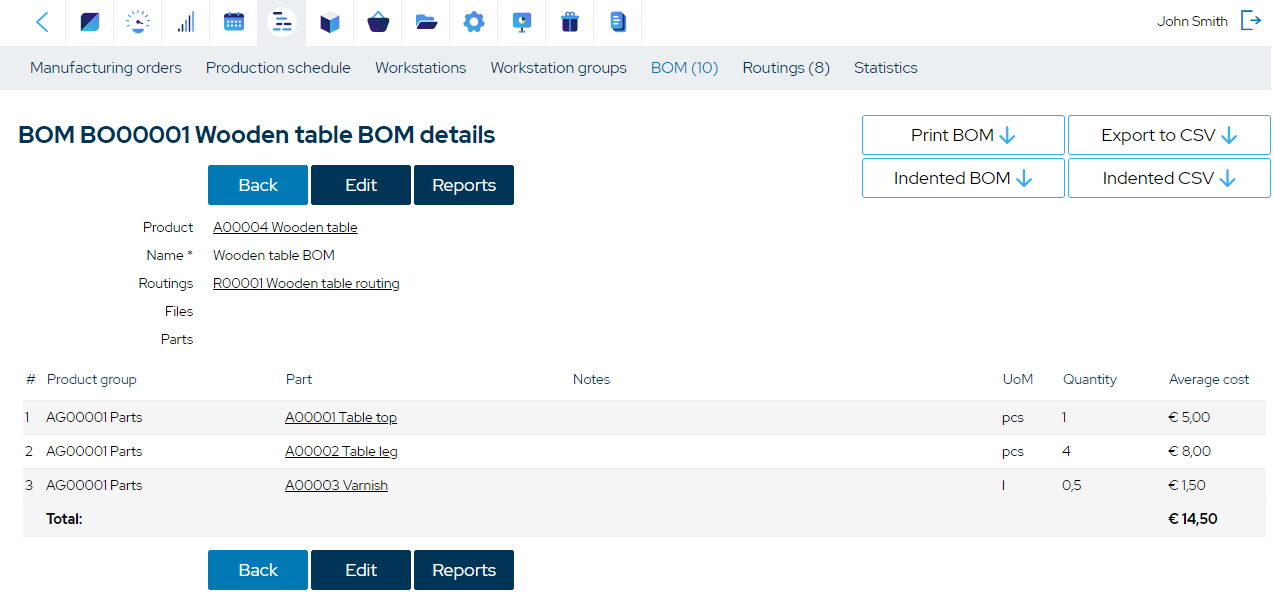 MRPEasy bill of materials BOM software screenshot showing multi-level product structure, component hierarchy, quantities, and assembly relationships