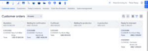 MRPEasy CRM customer relationship management screenshot displaying customer orders, sales pipeline, and order fulfillment tracking interface.