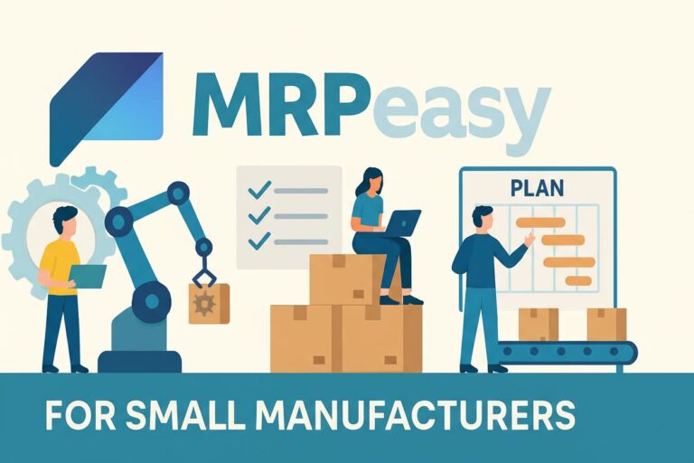 MRPEasy review featured image: flat figurine style, small manufacturers, production, inventory, planning.
