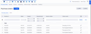 MRPEasy procurement software screenshot showing purchase order list, vendor management, order status tracking, and material requirements planning.