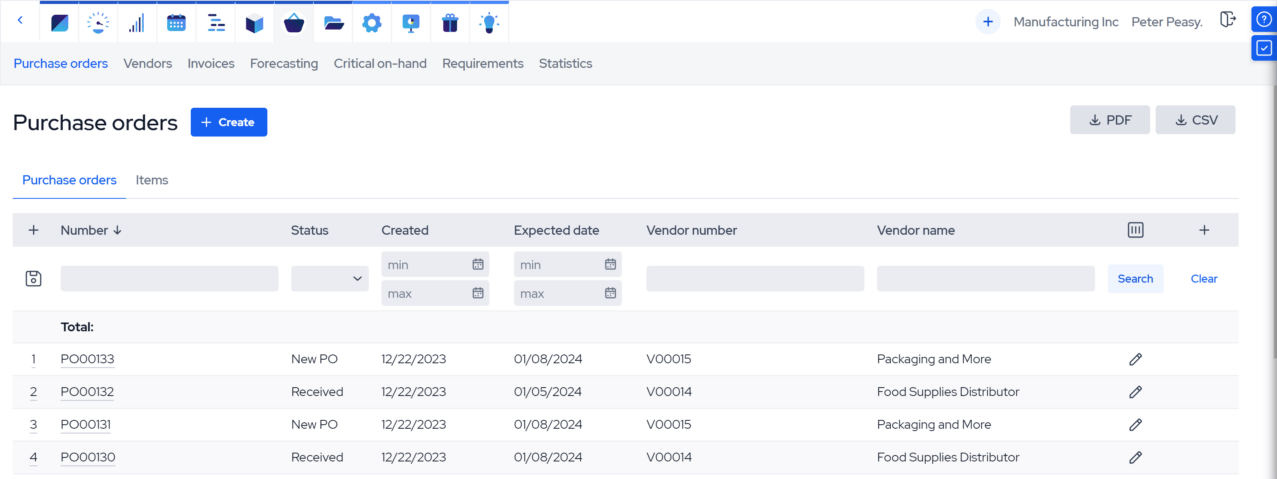 MRPEasy procurement software screenshot showing purchase order list, vendor management, order status tracking, and material requirements planning.