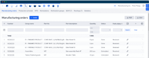 MRPEasy production scheduling software screenshot featuring drag-and-drop Gantt chart, manufacturing orders, and capacity planning tools