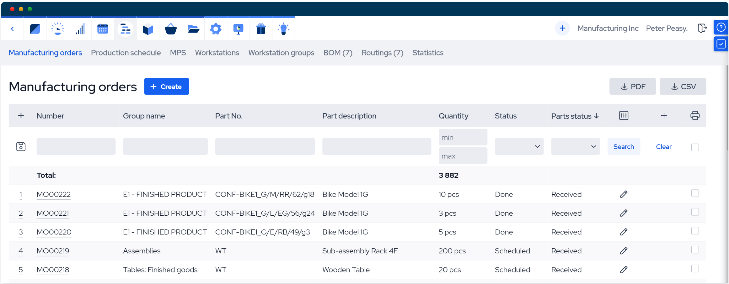MRPEasy production scheduling software screenshot featuring drag-and-drop Gantt chart, manufacturing orders, and capacity planning tools