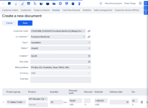 MRPEasy quote generation software screenshot showing professional quotation creation with product details, pricing configuration, and customer information