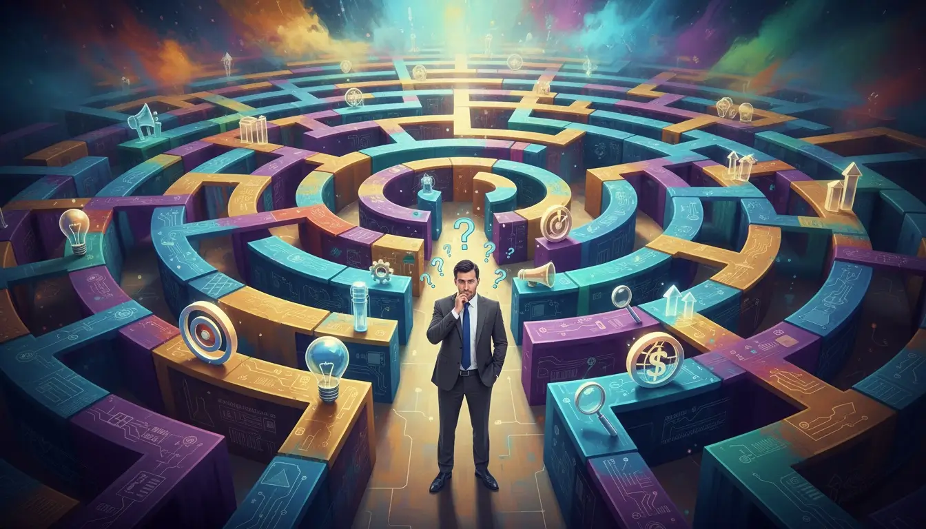 A business man standing in front of a maze scratching his head.