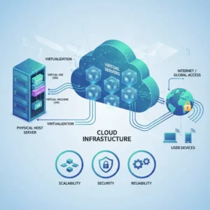 An educational illustration of VPS Hosting, featuring detailed technical diagrams of virtual servers, cloud icons, and network connectivity, with clear labels and annotations.