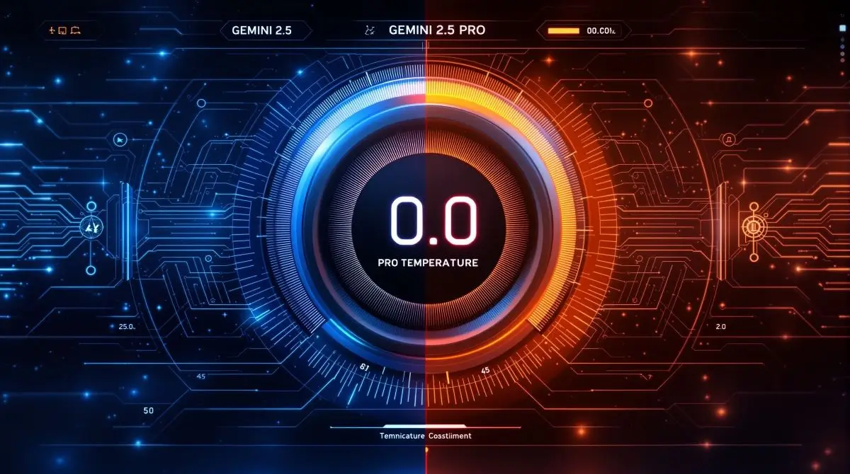 Futuristic AI temperature dial showing optimal settings for Gemini 2.5 PRO model configuration