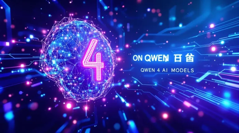 Futuristic QWEN 4 AI neural network visualization with glowing holographic design and data streams