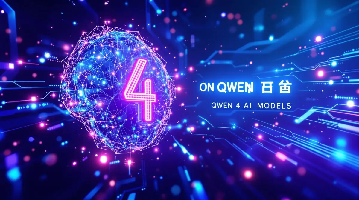 Futuristic QWEN 4 AI neural network visualization with glowing holographic design and data streams