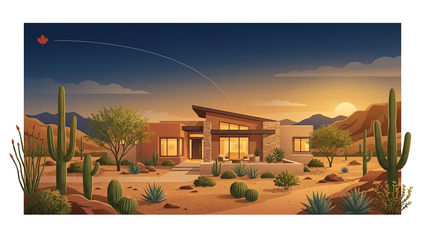 Scottsdale desert home at golden hour with a route line from Canada symbolizing a Canadian move to Arizona