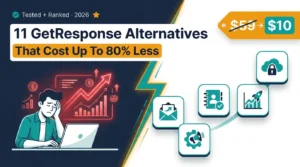 Split-screen featured image showing a stressed business owner facing rising GetResponse costs beside five cheaper alternative tools, headlined 11 GetResponse alternatives that cost up to 80% less