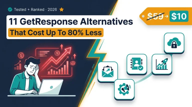 Split-screen featured image showing a stressed business owner facing rising GetResponse costs beside five cheaper alternative tools, headlined 11 GetResponse alternatives that cost up to 80% less