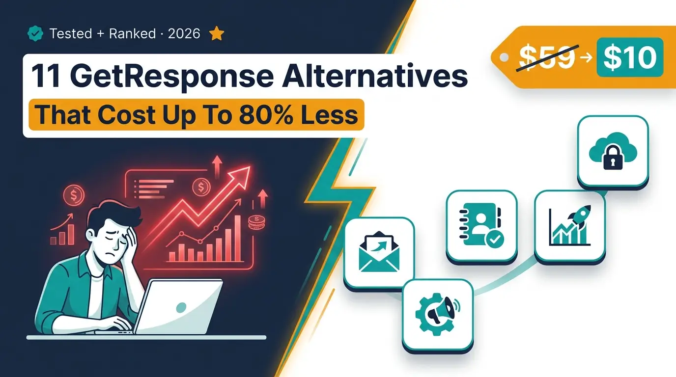 Split-screen featured image showing a stressed business owner facing rising GetResponse costs beside five cheaper alternative tools, headlined 11 GetResponse alternatives that cost up to 80% less