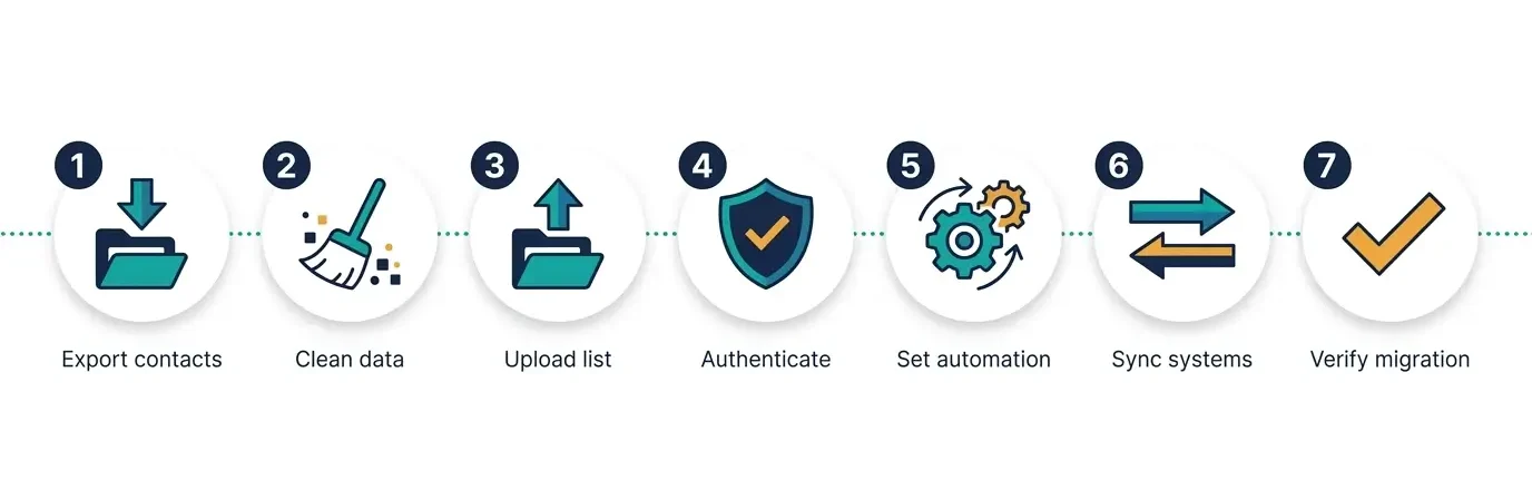 Seven-step process showing how to migrate an email list from GetResponse to an alternative without losing deliverability